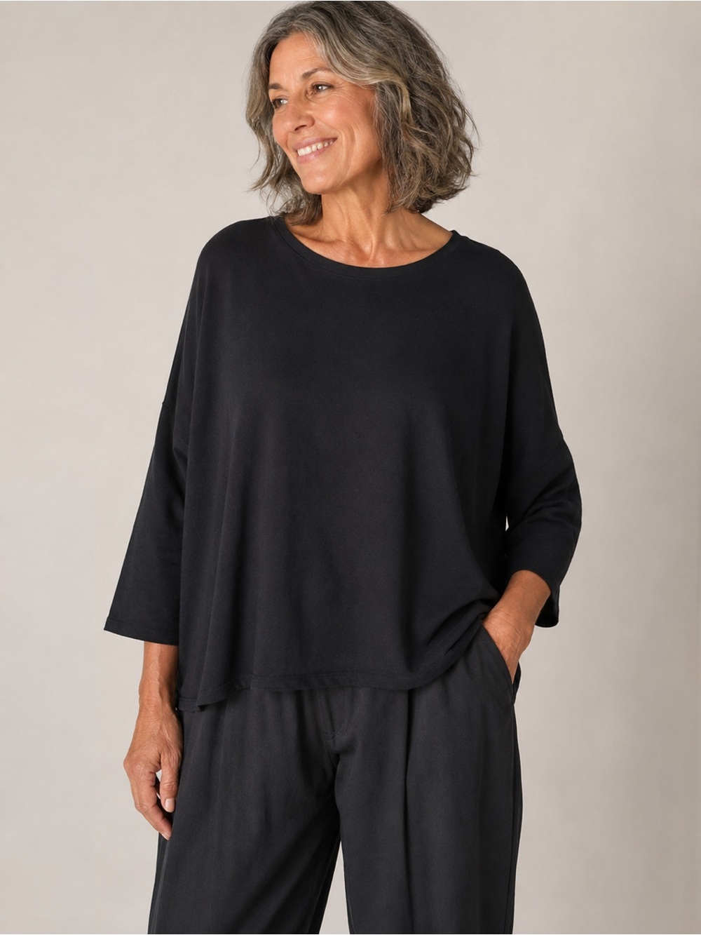 Bryn Walker Black Boxy Top Small Drop Shoulder 3/4 Sleeve Made in USA